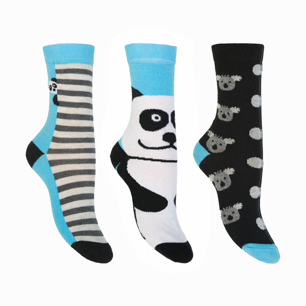 Παιδικές κάλτσες με σχέδιο panda σετ 3 ζευγαριών μαύρες-τιρκουάζ