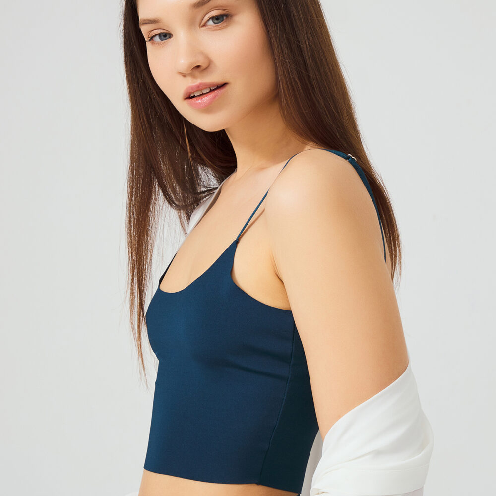 Γυναικείο crop-top μπλουζάκι CottonHill με λεπτή τιράντα πετρόλ