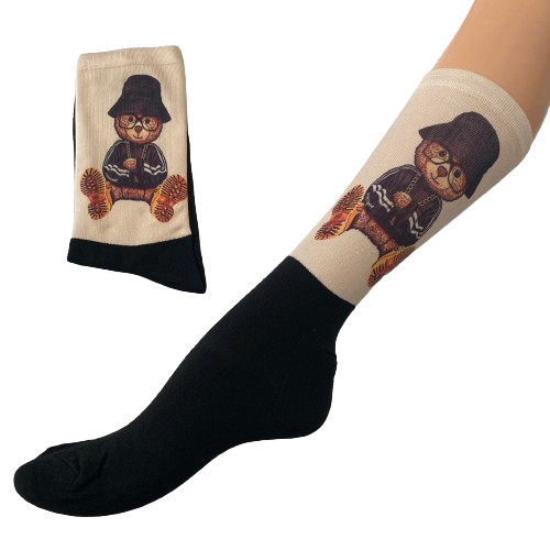 Κάλτσες με print αρκουδάκι με σκουφάκι μαύρες