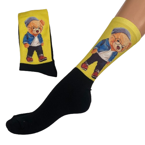 Κάλτσες με print αρκουδάκι κίτρινο-μαύρο