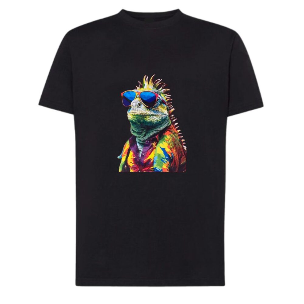 Βαμβακερό μαύρο plus size T-shirt με ιγκουάνα